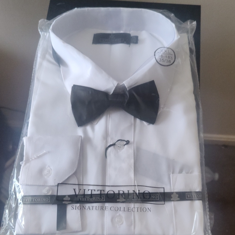Vittorio Signature White Dress Shirt with Black Bow Tie